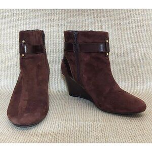 Trendy Brown Suede Leather Antonio Milano Wedge Boots Booties Zip Buckle Size 8